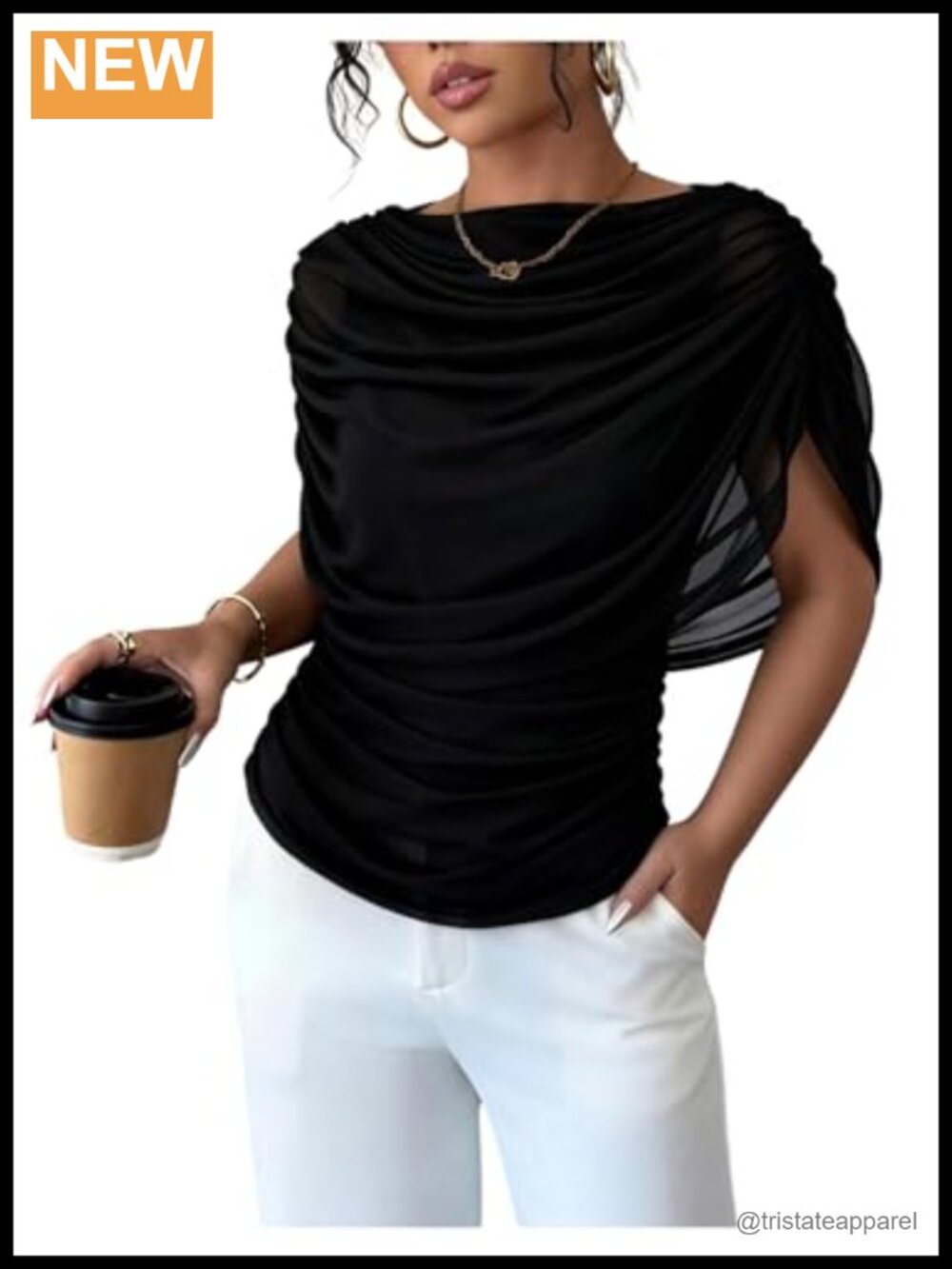 Ruched Mesh Draped Blouse Boat Neck Dolman Sleeve Dressy Going Out Top